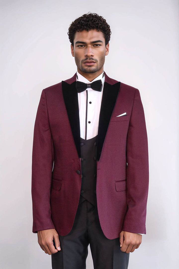 Blazer à Motifs Gilet et Pantalon Uni Smoking Rouge Claret - Wessi