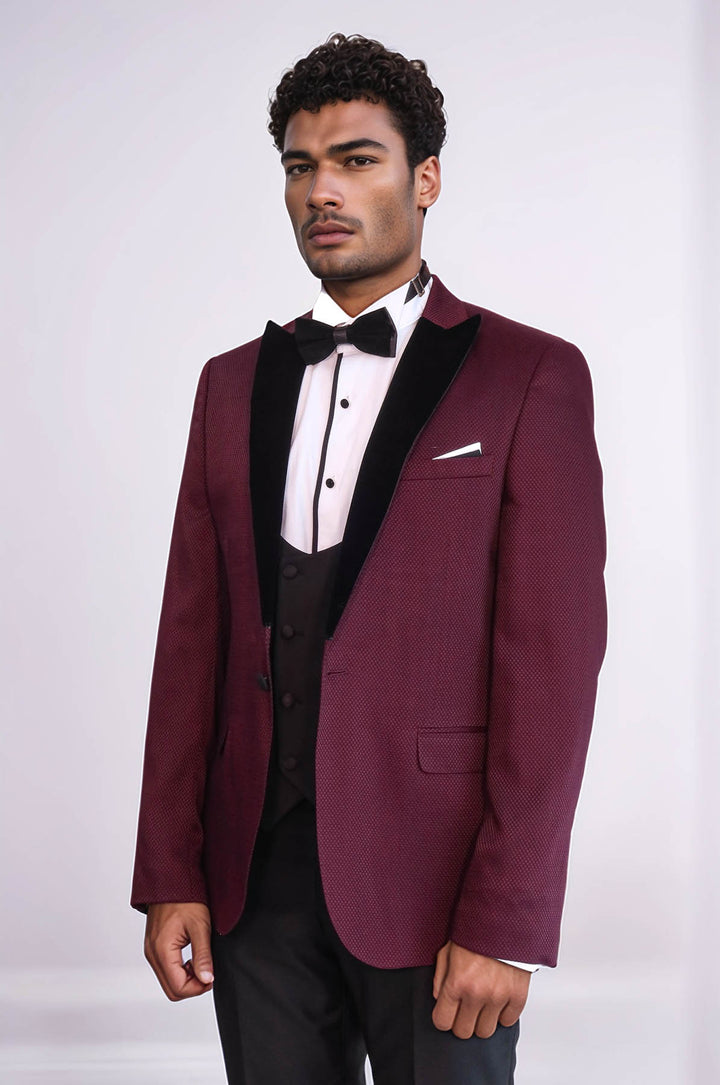 Blazer à Motifs Gilet et Pantalon Uni Smoking Rouge Claret - Wessi