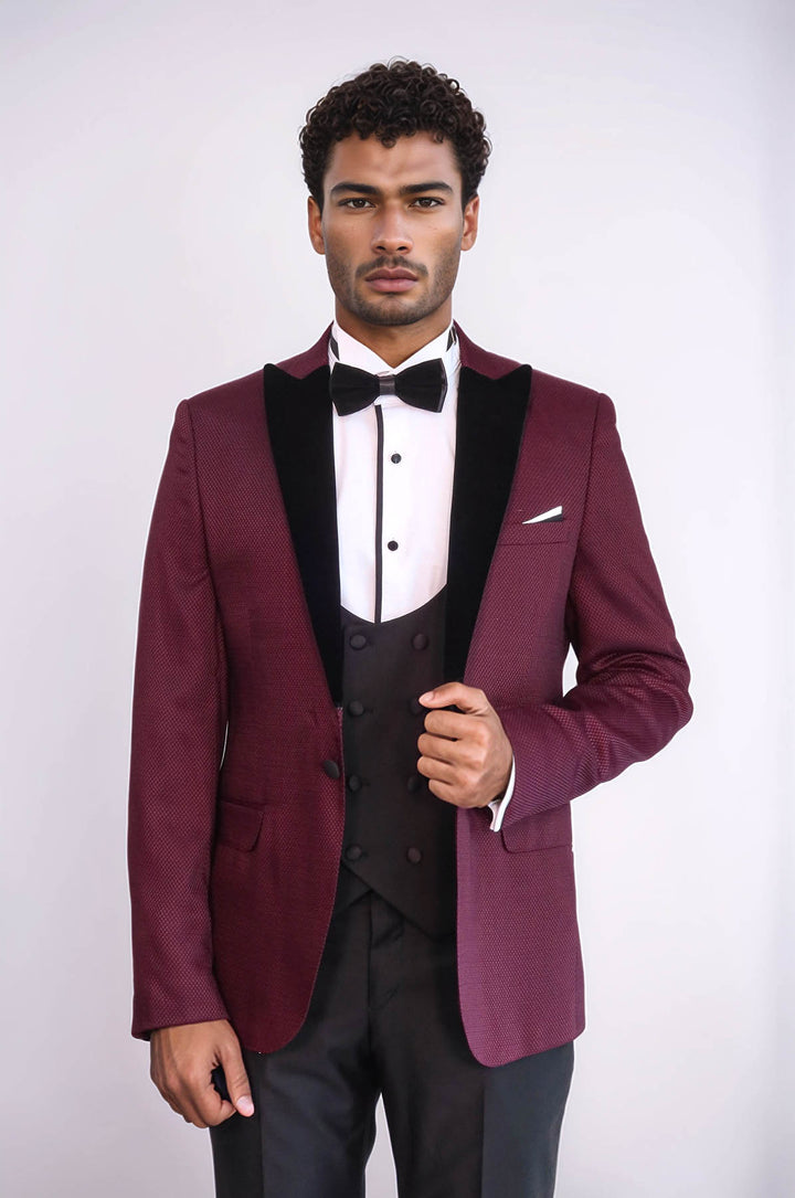 Blazer fantasia Gilet e pantaloni tinta unita Smoking rosso bordeaux - Wessi