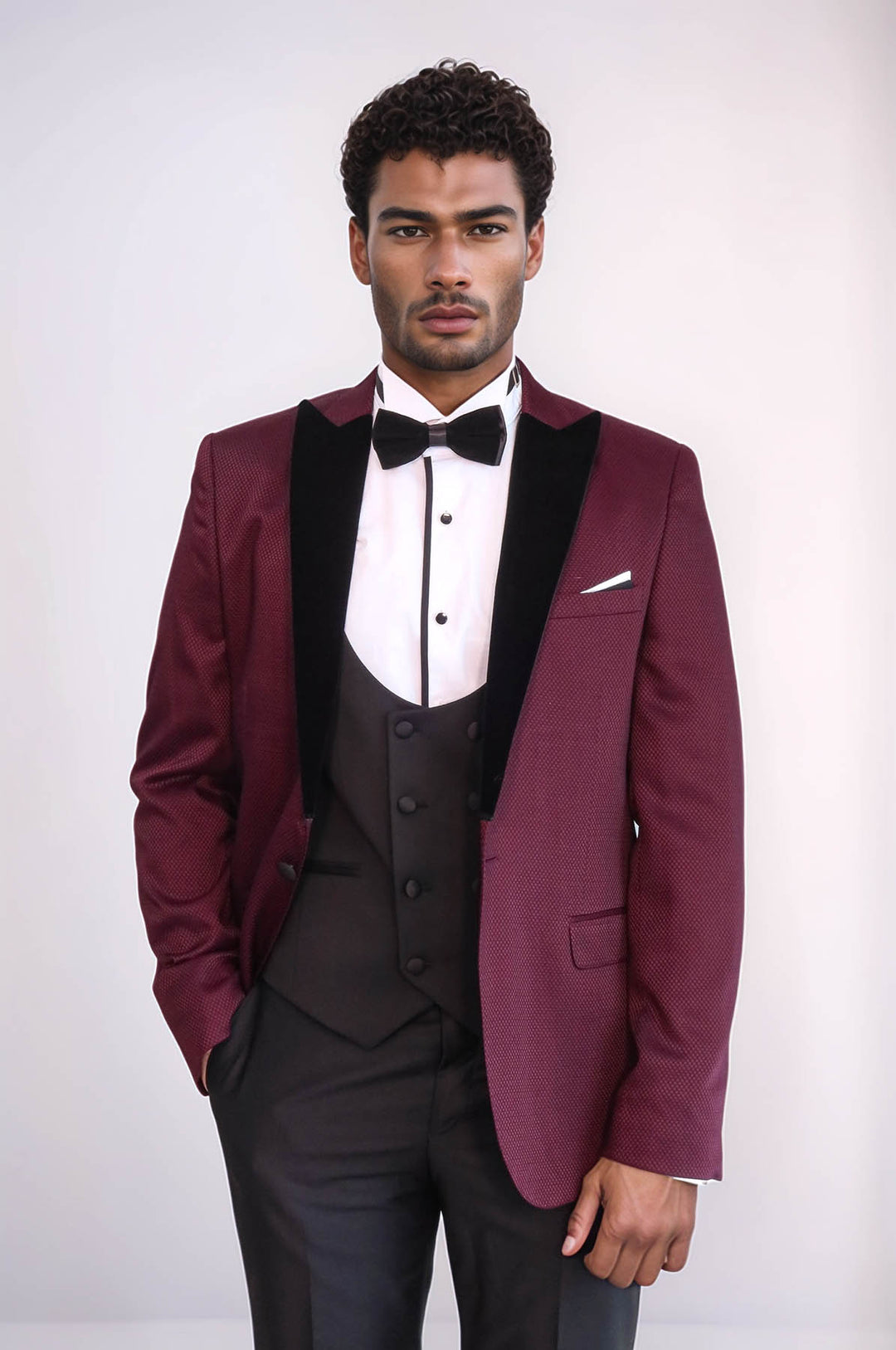 Blazer à Motifs Gilet et Pantalon Uni Smoking Rouge Claret - Wessi