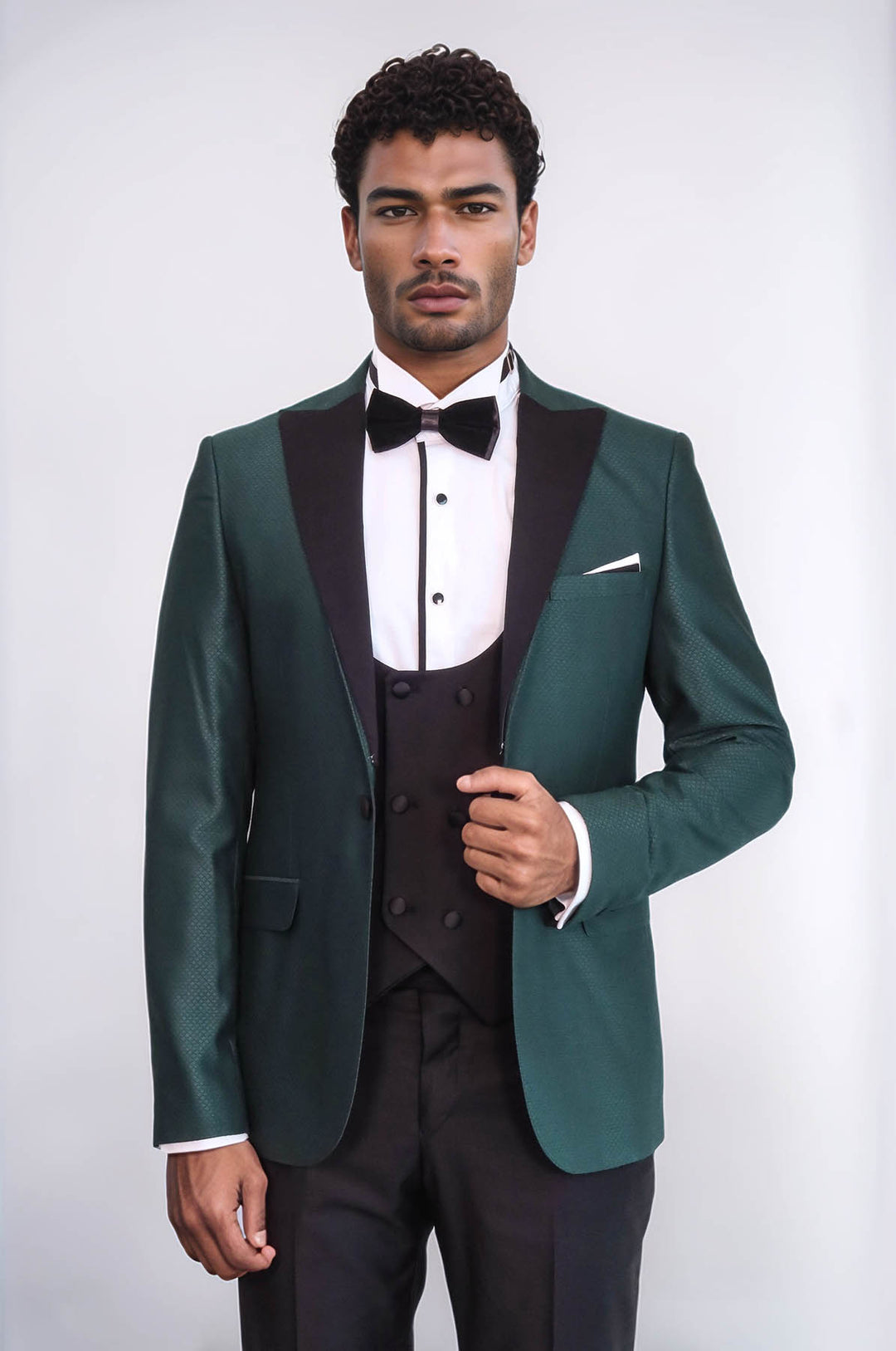 Double Breasted Patterned Green Men Tuxedo - Wessi