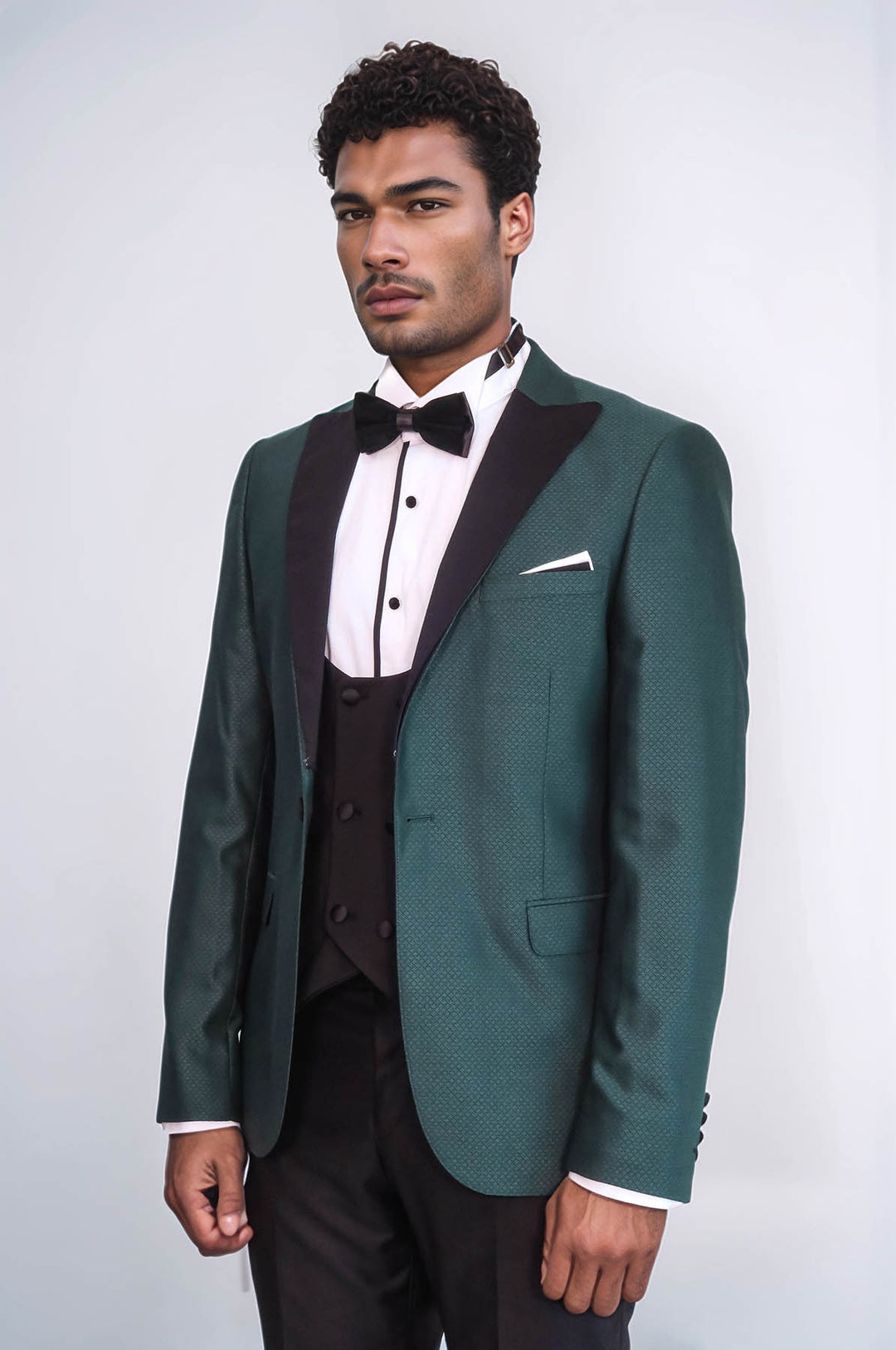 Double Breasted Patterned Green Men Tuxedo - Wessi