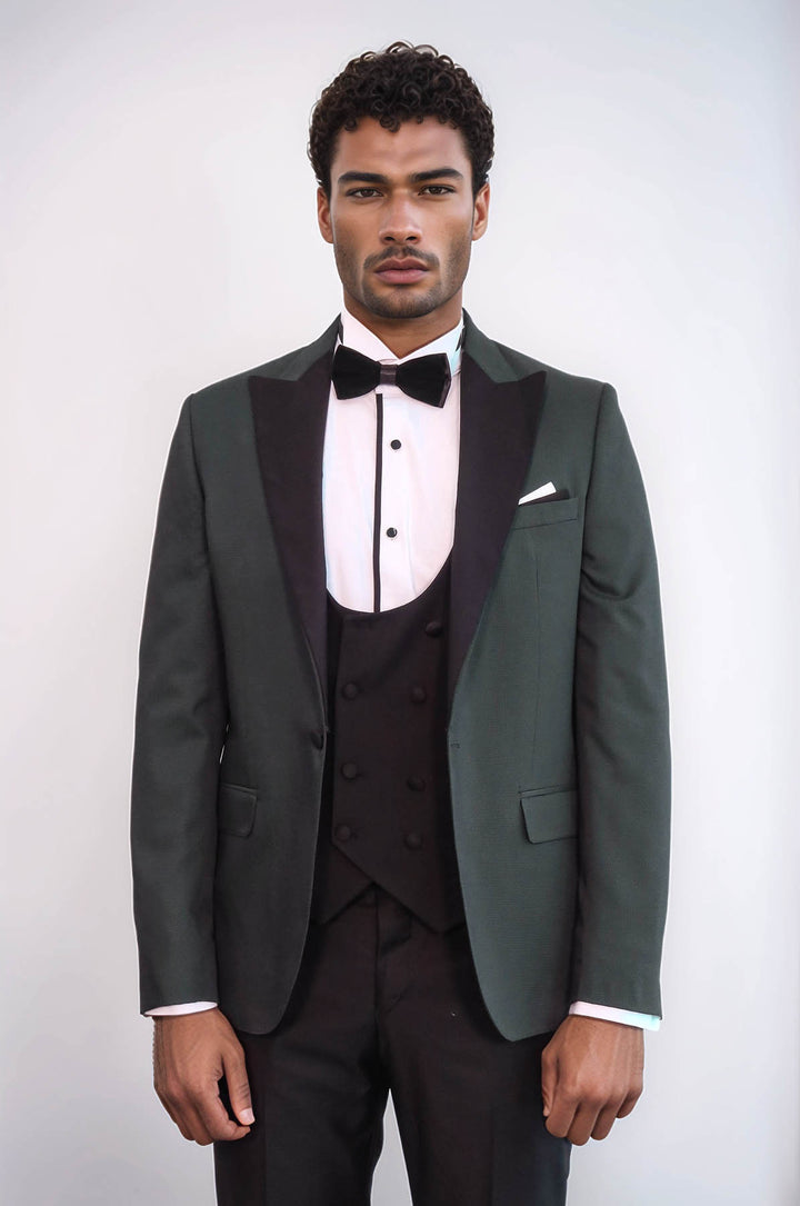 Dot Patterned Dark Green Men Tuxedo - Wessi