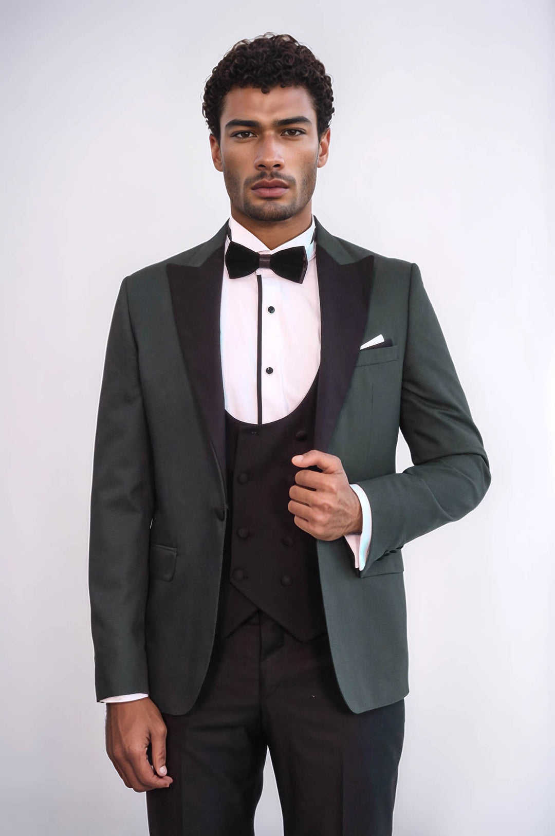 Dot Patterned Dark Green Men Tuxedo - Wessi