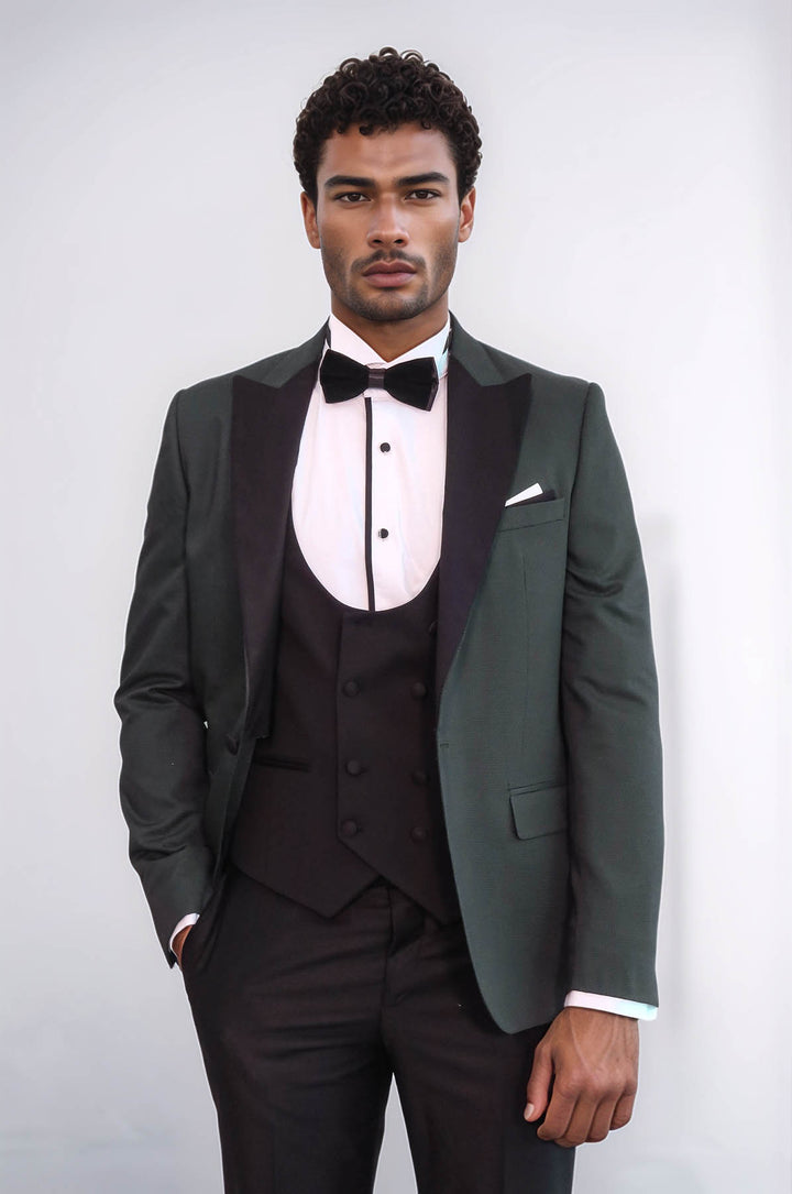 Dot Patterned Dark Green Men Tuxedo - Wessi