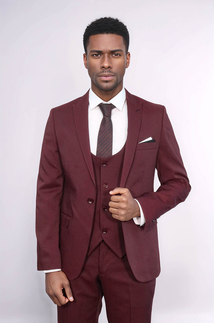 Patterned Claret Red Vested Suit- Wessi