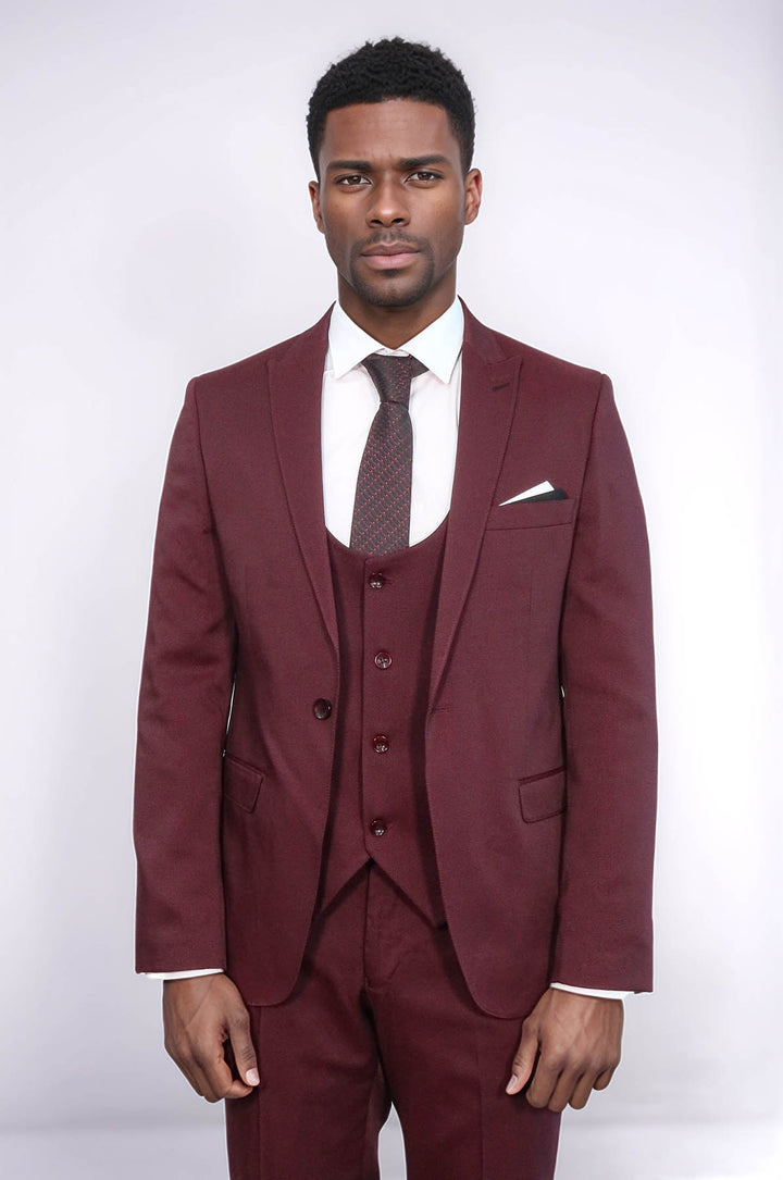 Patterned Claret Red Vested Suit- Wessi