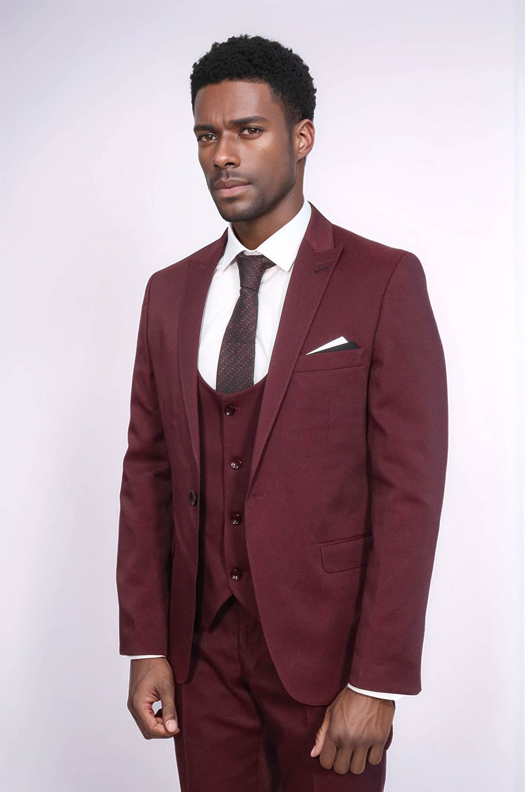 Patterned Claret Red Vested Suit- Wessi