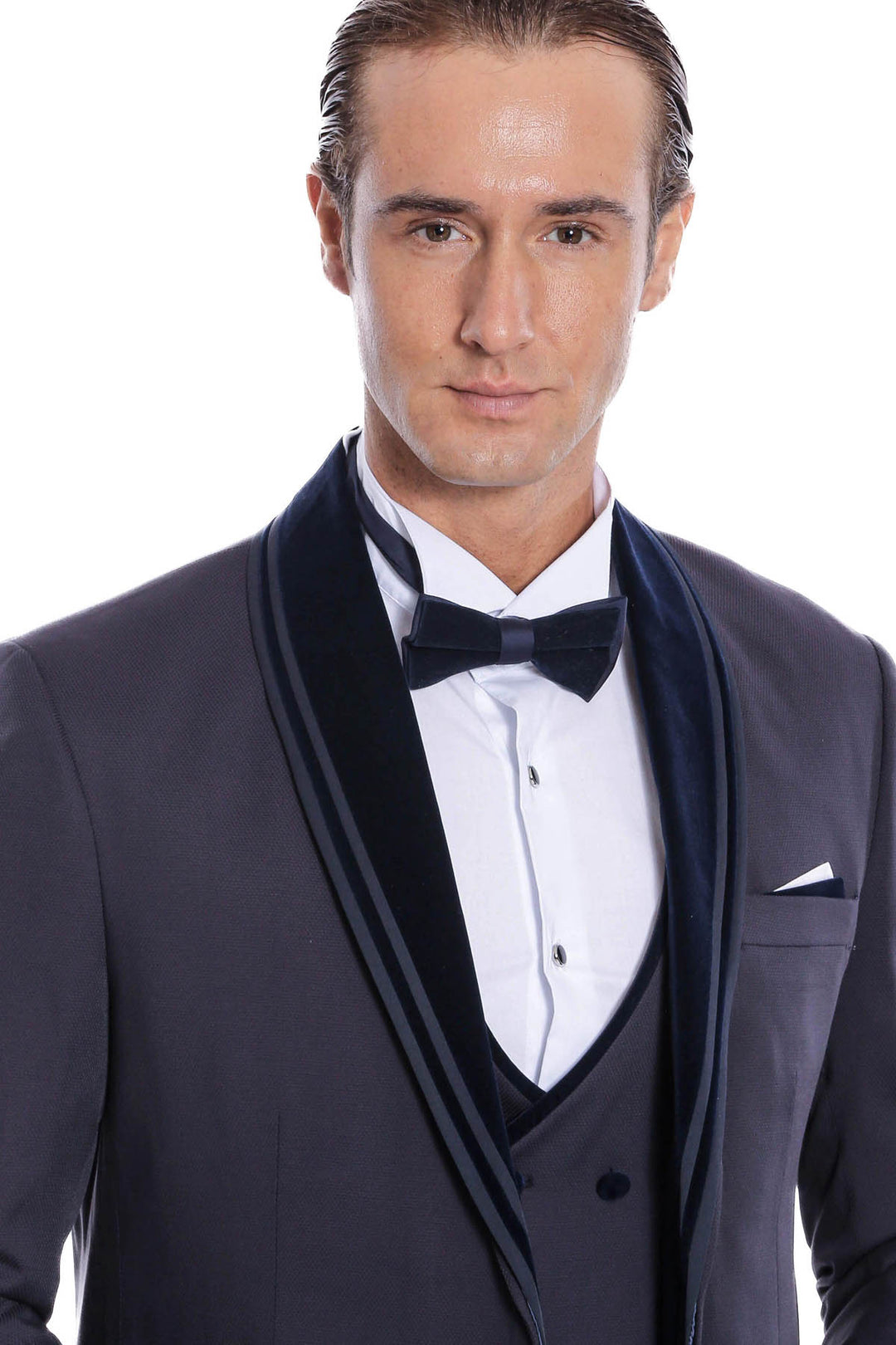 Detachable Velvet Lapel Navy Blue Tuxedo - Wessi