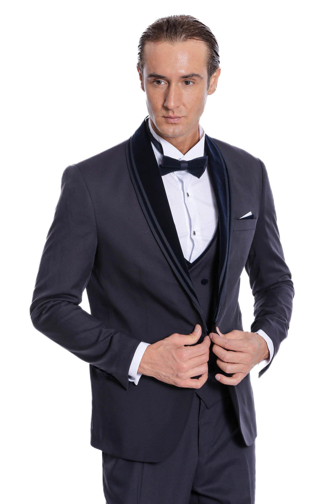 Detachable Velvet Lapel Navy Blue Tuxedo - Wessi