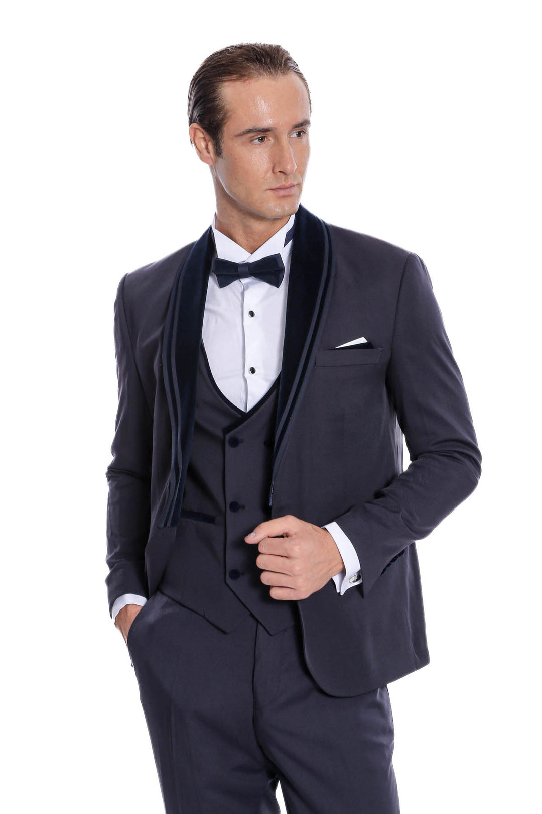 Detachable Velvet Lapel Navy Blue Tuxedo - Wessi