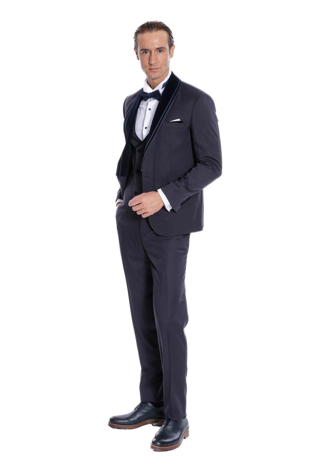 Detachable Velvet Lapel Navy Blue Tuxedo - Wessi