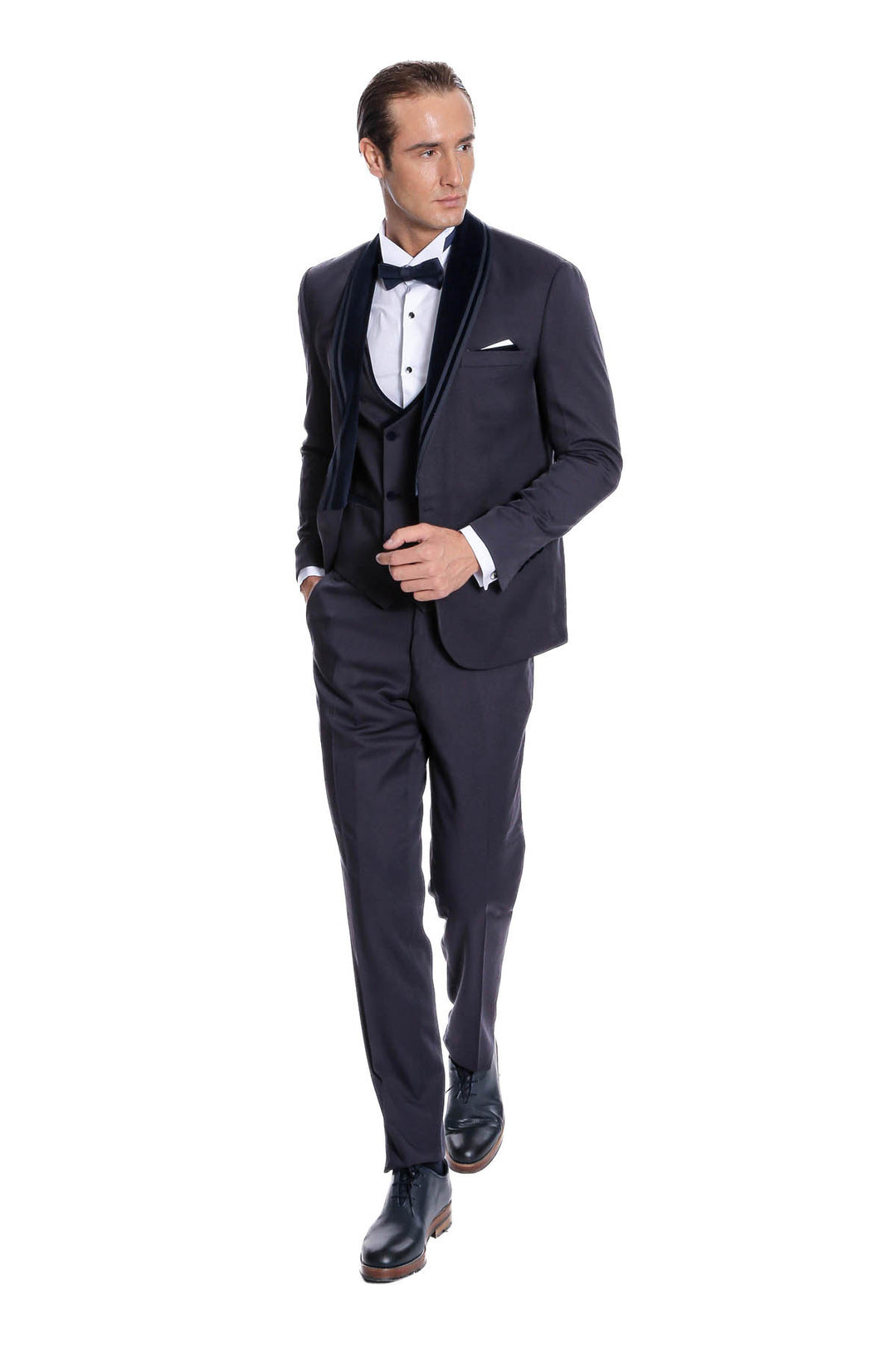 Detachable Velvet Lapel Navy Blue Tuxedo - Wessi