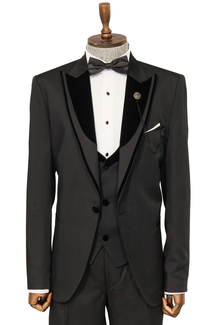 Velvet Collar Patterned Black Tuxedo | Wessi