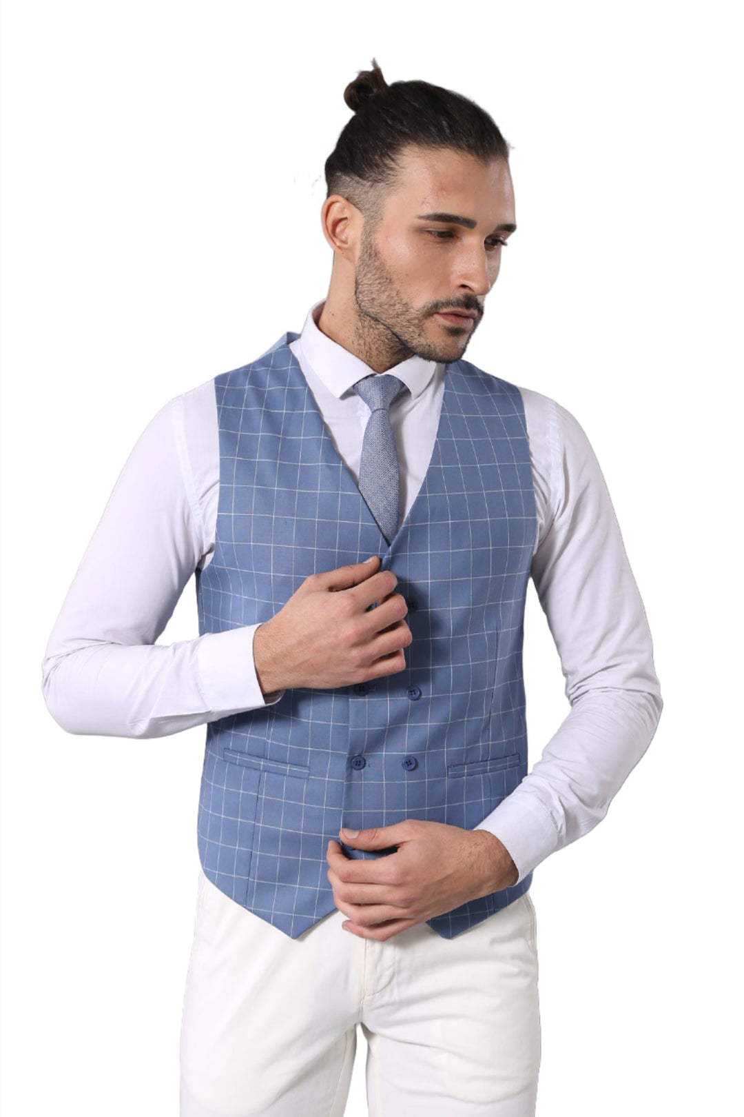 Single Button Pointed Collar Plaid Suit Vest Light Blue Suit-Wessi