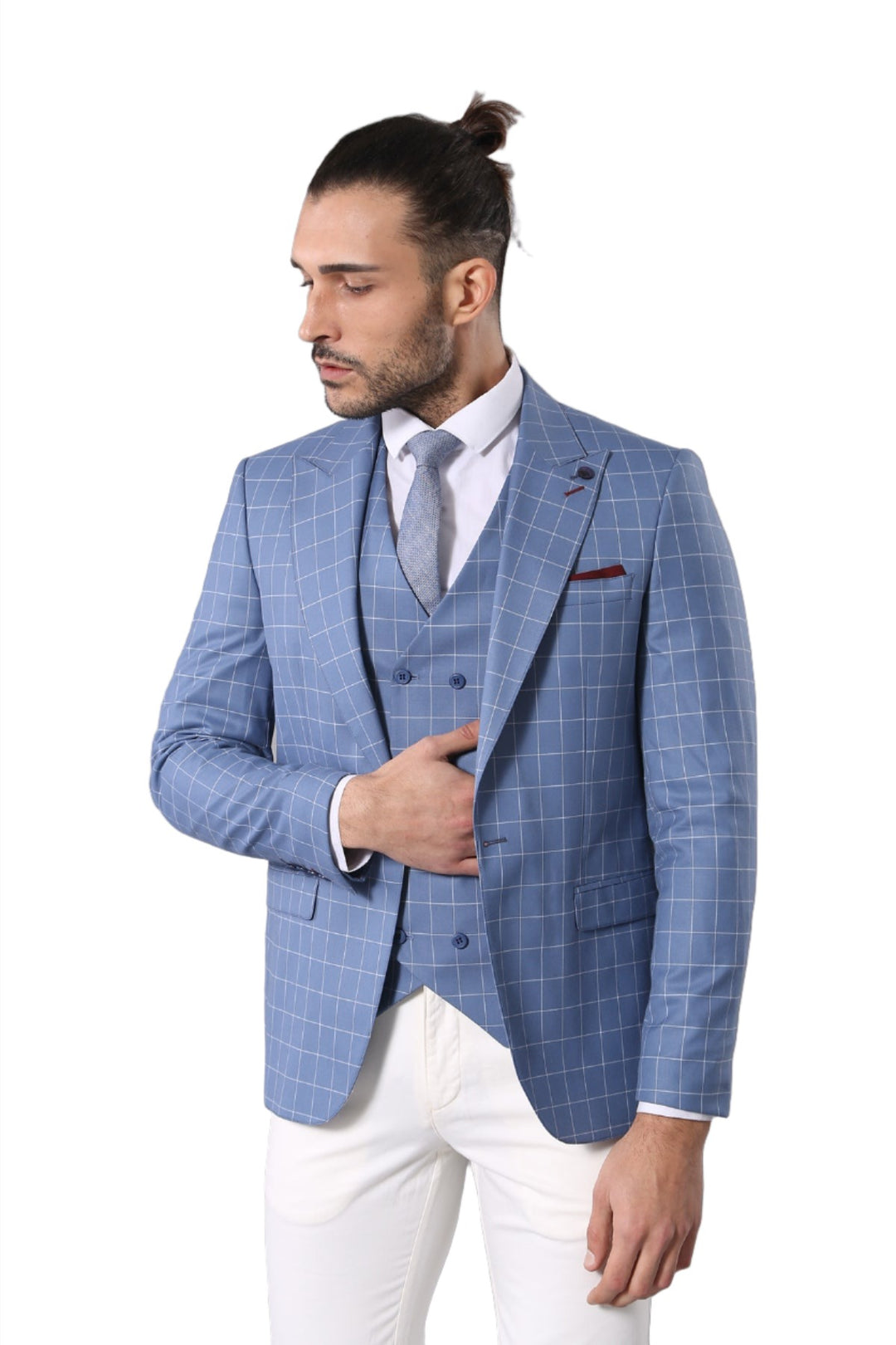 Single Button Pointed Collar Plaid Suit Vest Light Blue Suit-Wessi