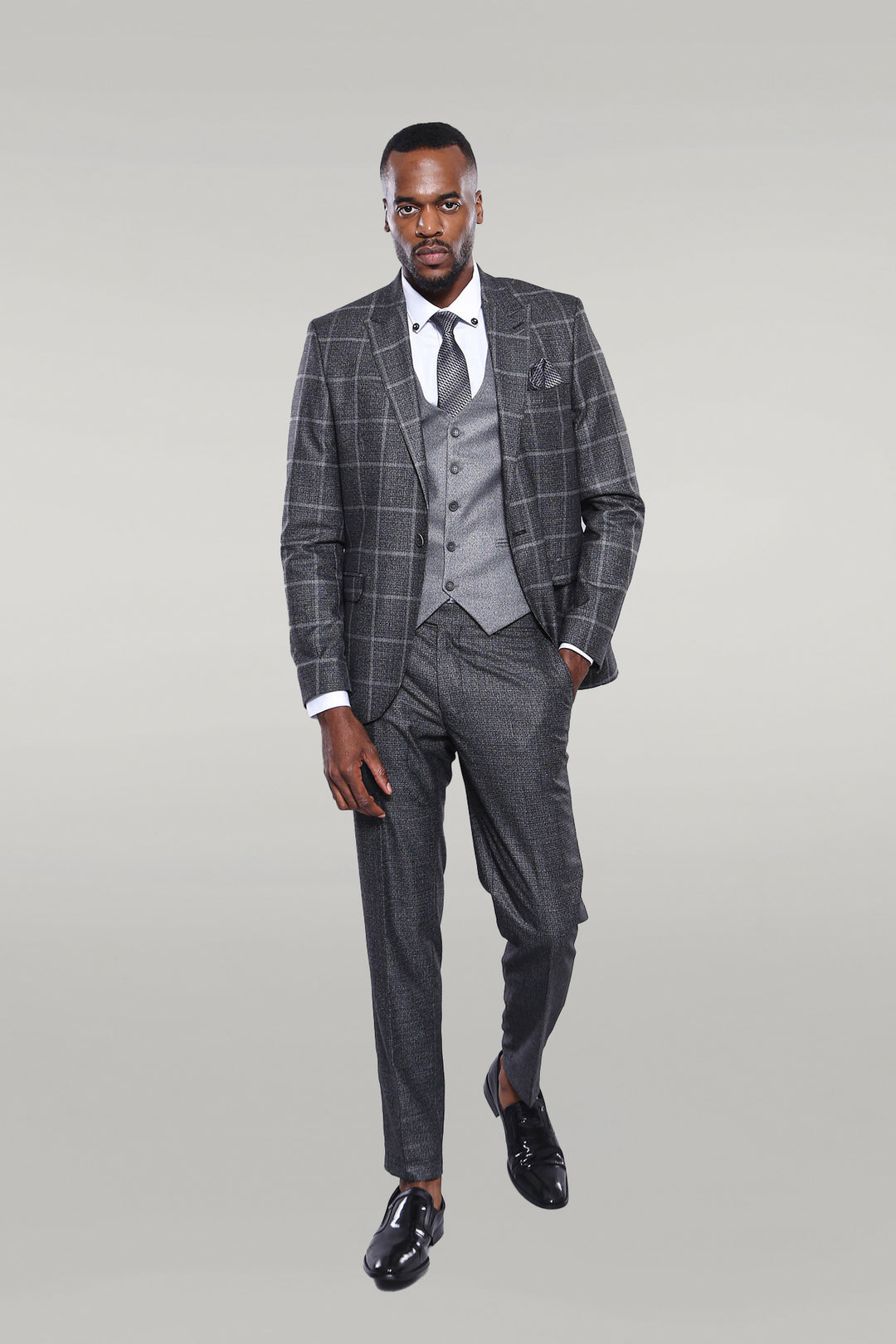 Anthracite  Blue Plaid 3 Piece Slim Fit Suit - Wessi