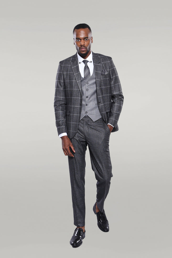 Anthracite  Blue Plaid 3 Piece Slim Fit Suit - Wessi