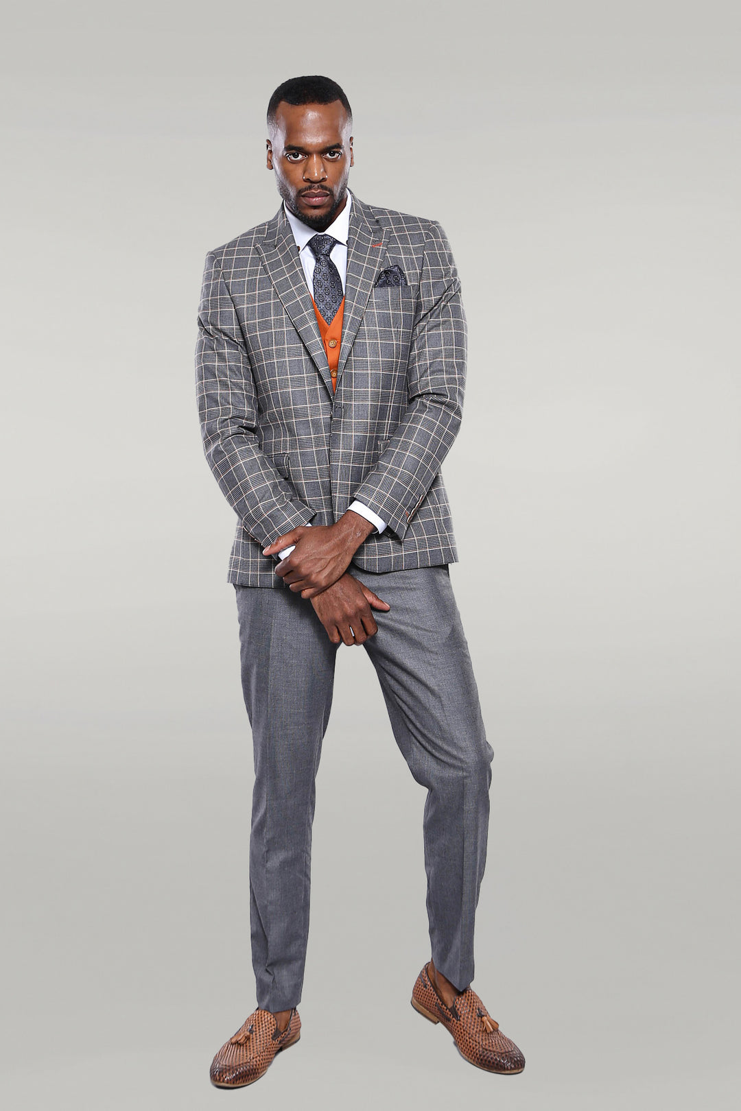 Orange Vested Checked Grey Men Suit - Wessi