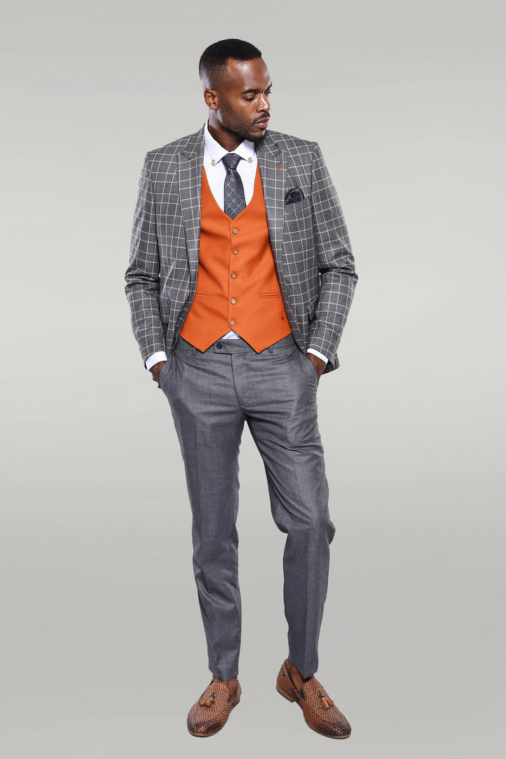 Orange Vested Checked Grey Men Suit - Wessi