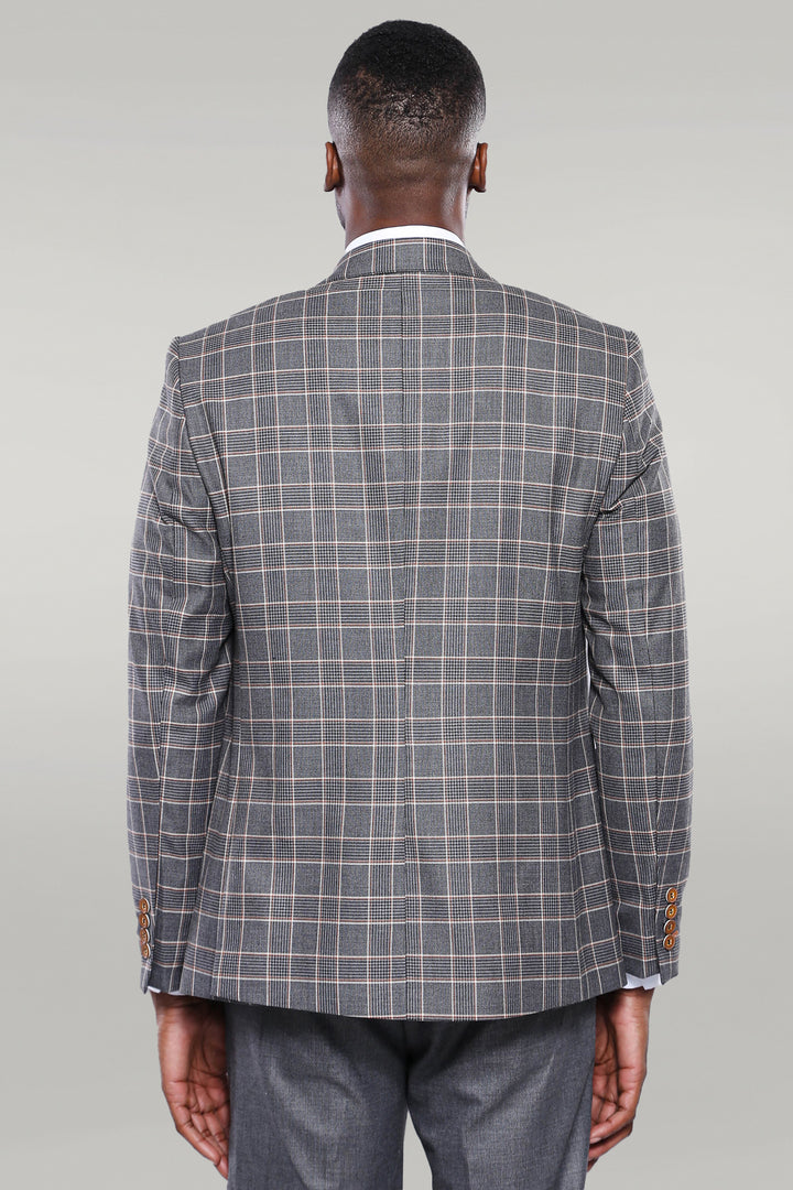 Orange Vested Checked Grey Men Suit - Wessi