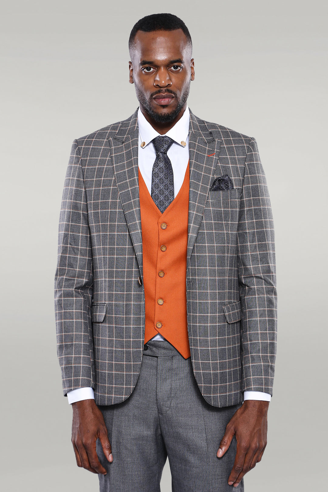 Orange Vested Checked Grey Men Suit - Wessi