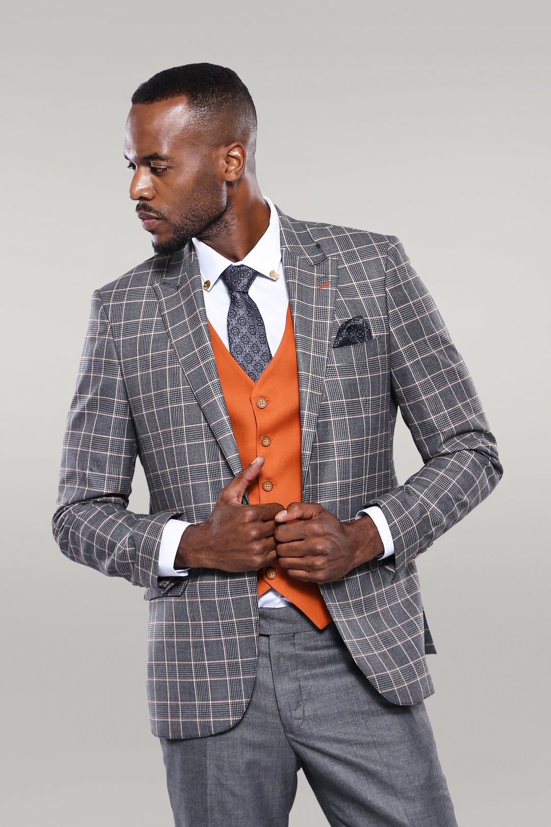 Orange Vested Checked Grey Men Suit - Wessi