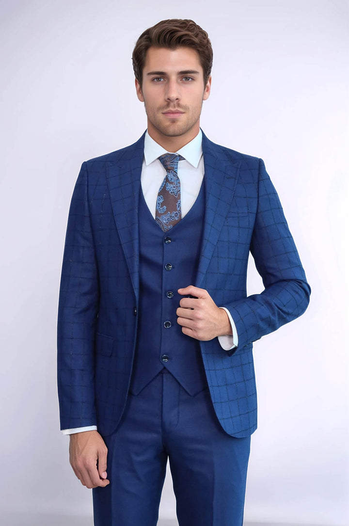 Traje chaleco azul con blazer a cuadros - Wessi