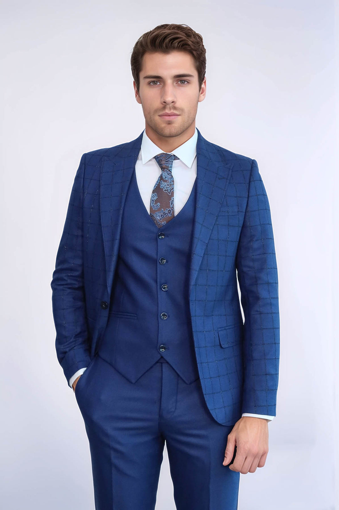 Traje chaleco azul con blazer a cuadros - Wessi