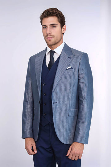 Navy Blue Self-Patterned Vested Suit | Wessi