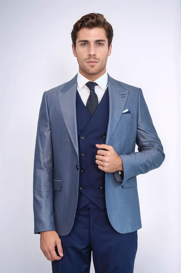 Navy Blue Self-Patterned Vested Suit | Wessi