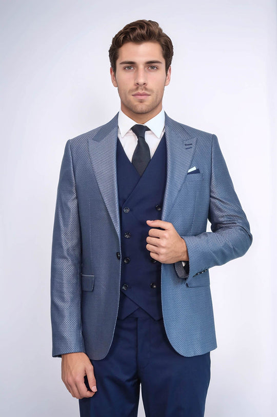 Navy Blue Self-Patterned Vested Suit | Wessi