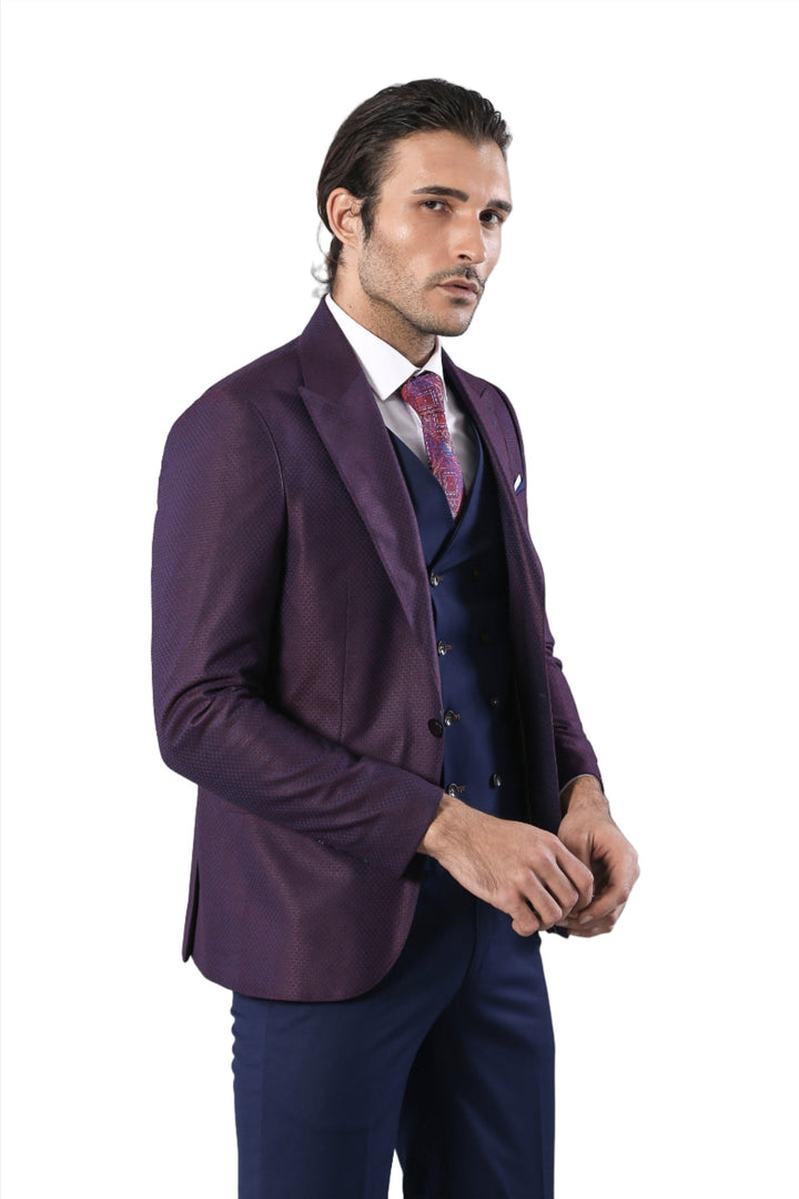 Burgundy Jacket Combined Navy Blue Suit - Wessi