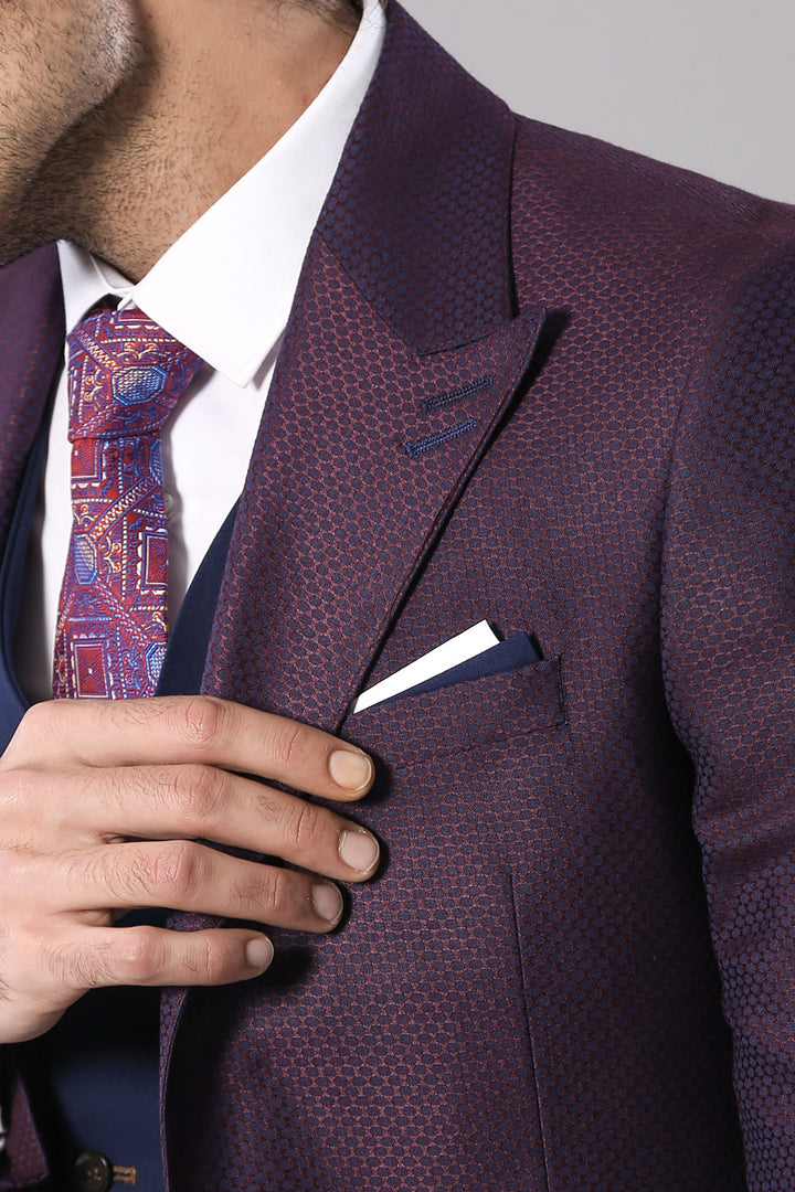 Burgundy Jacket Combined Navy Blue Suit - Wessi