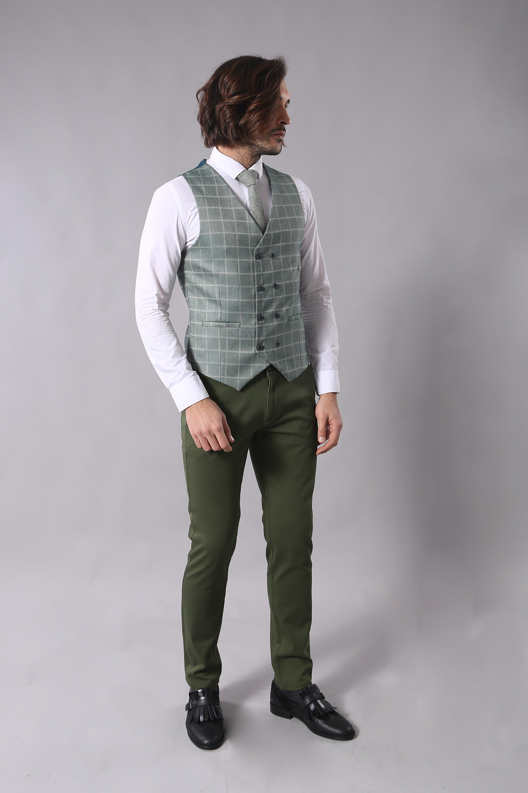 Combined Vested Green Plaid Men's Suit - Wessi