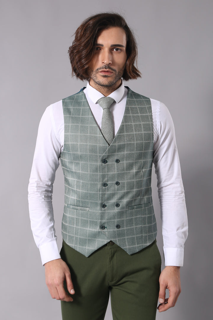 Combined Vested Green Plaid Men's Suit - Wessi