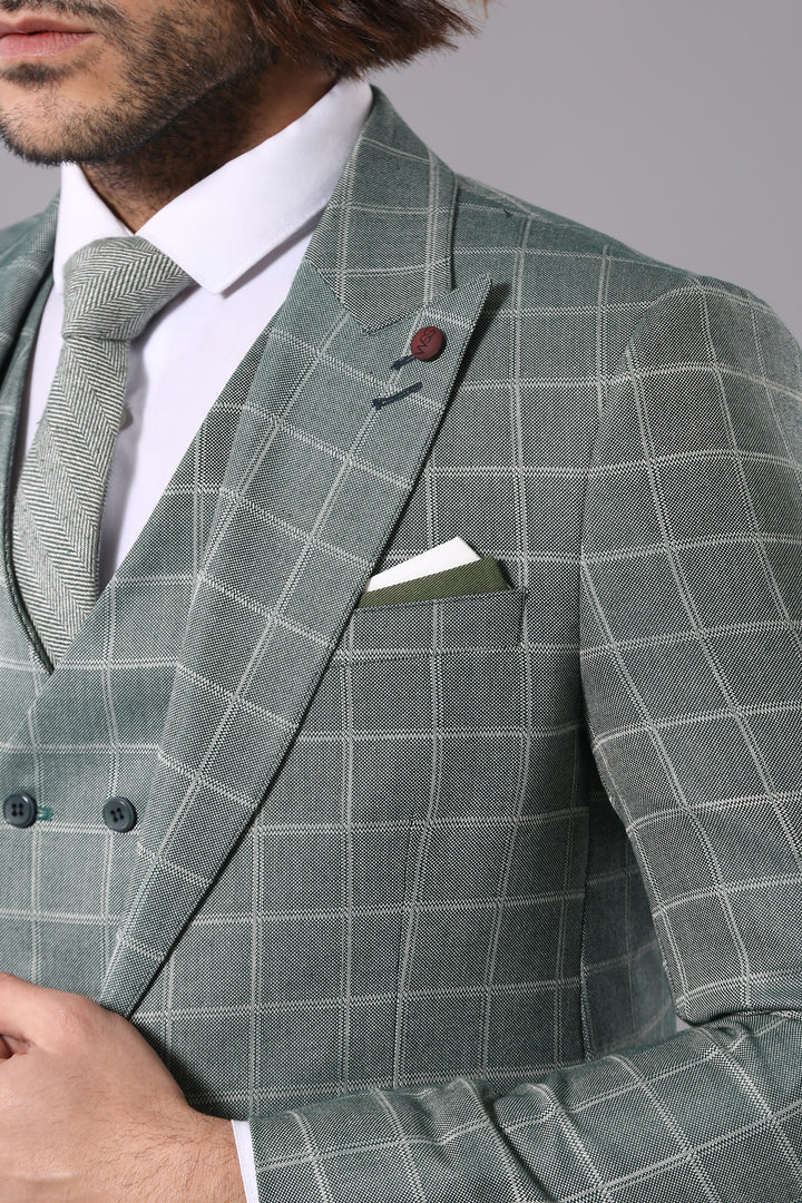 Combined Vested Green Plaid Men's Suit - Wessi