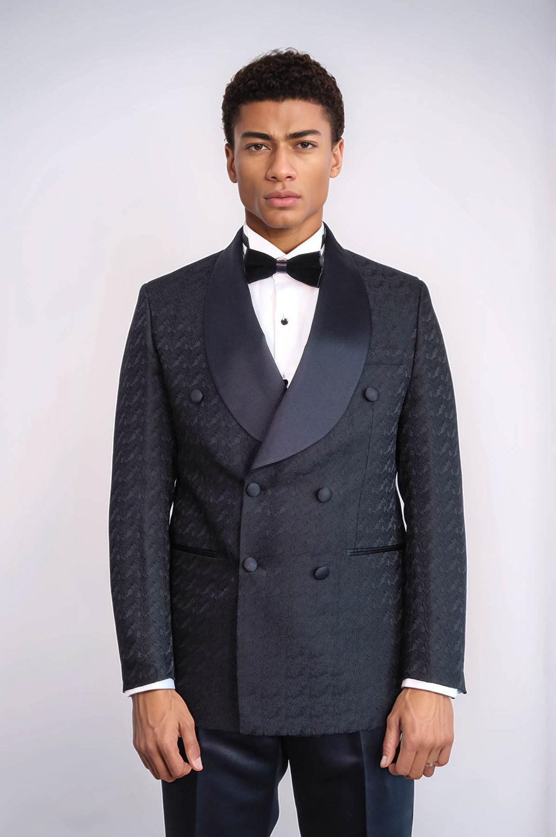 Satin Shawl Collar Patterned Double Breasted Black Men Tuxedo Suit - Wessi