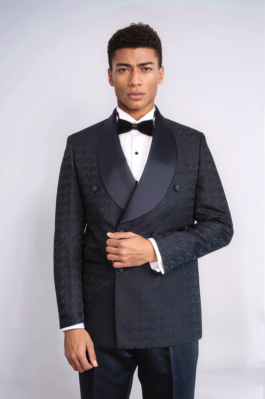 Satin Shawl Collar Patterned Double Breasted Black Men Tuxedo Suit - Wessi