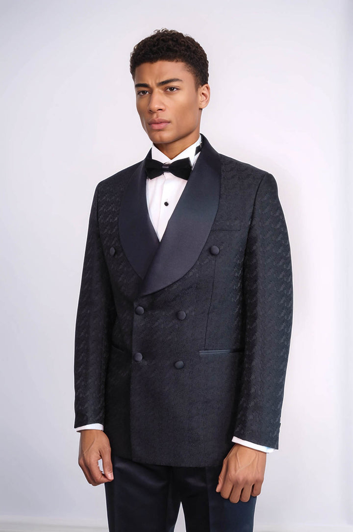 Satin Shawl Collar Patterned Double Breasted Black Men Tuxedo Suit - Wessi