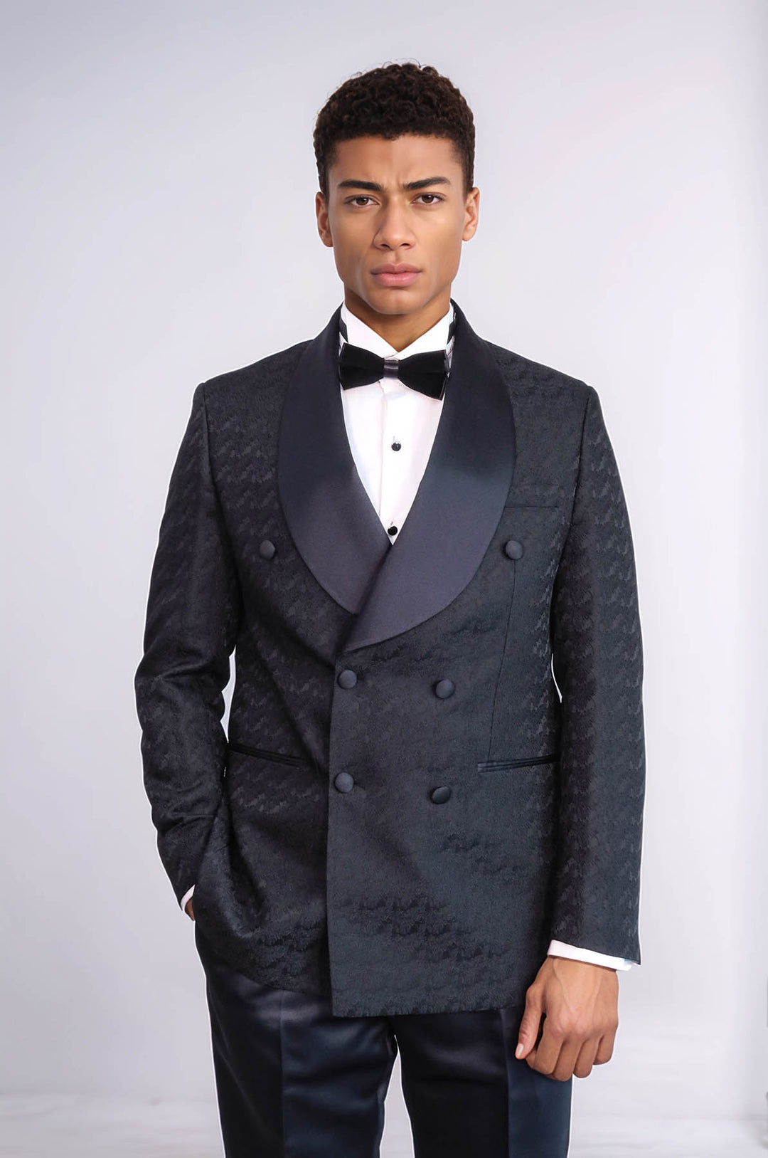 Satin Shawl Collar Patterned Double Breasted Black Men Tuxedo Suit - Wessi