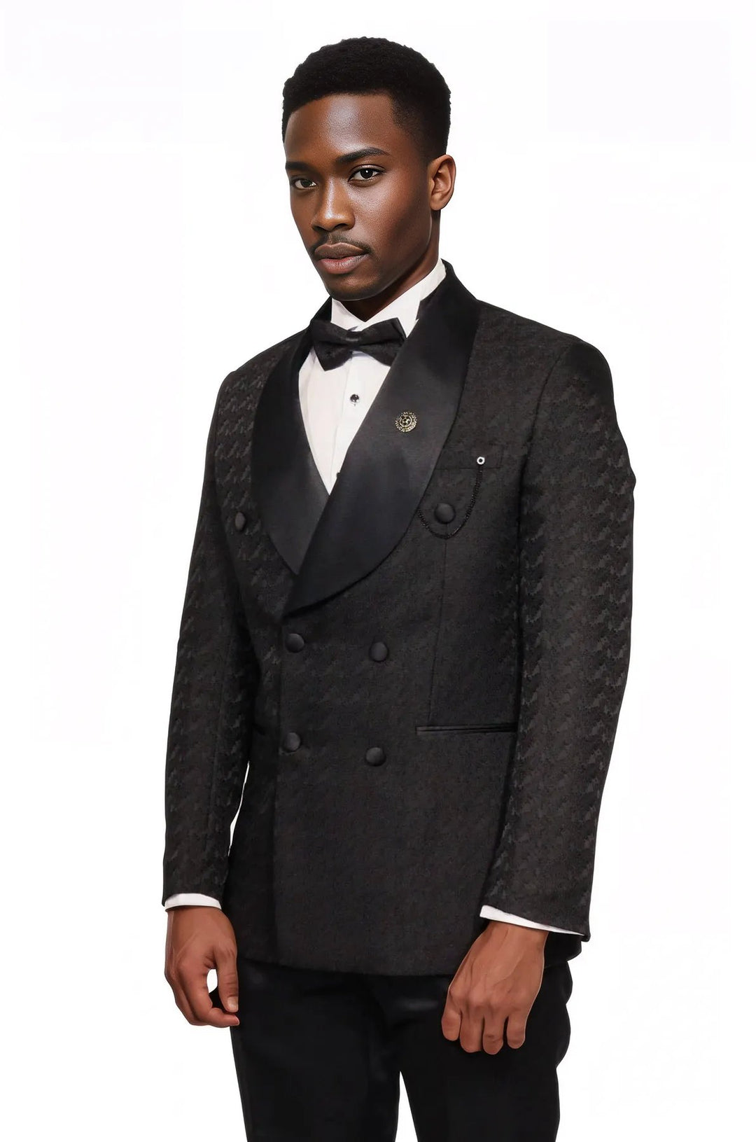 Satin Shawl Collar Patterned Double Breasted Black Men Tuxedo Suit - Wessi