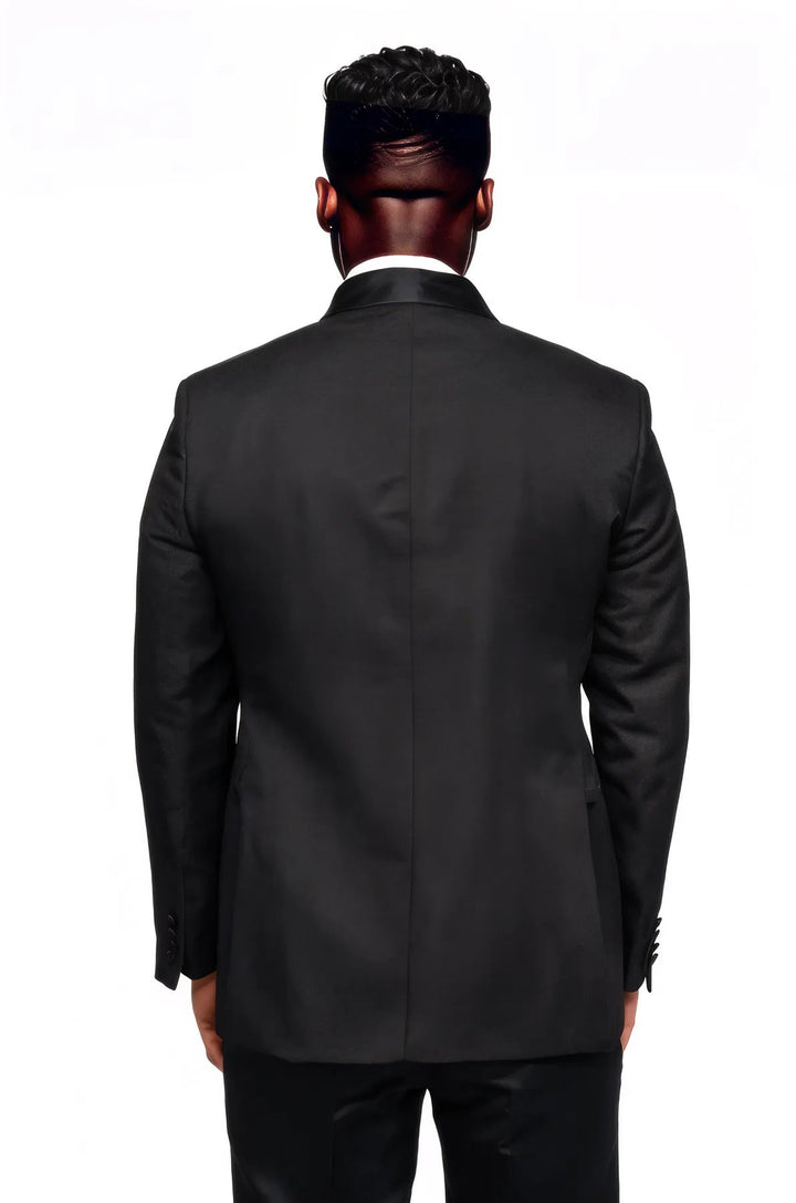 Satin Shawl Collar Patterned Double Breasted Black Men Tuxedo Suit - Wessi