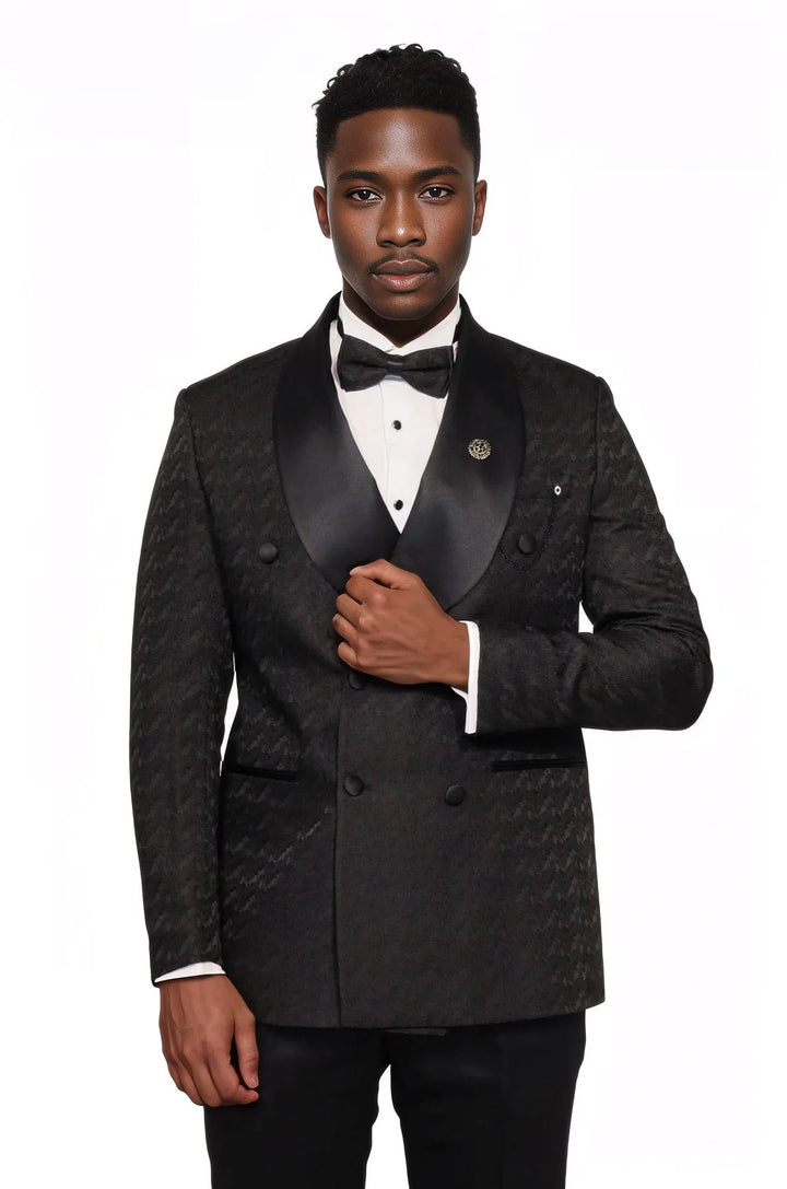 Satin Shawl Collar Patterned Double Breasted Black Men Tuxedo Suit - Wessi