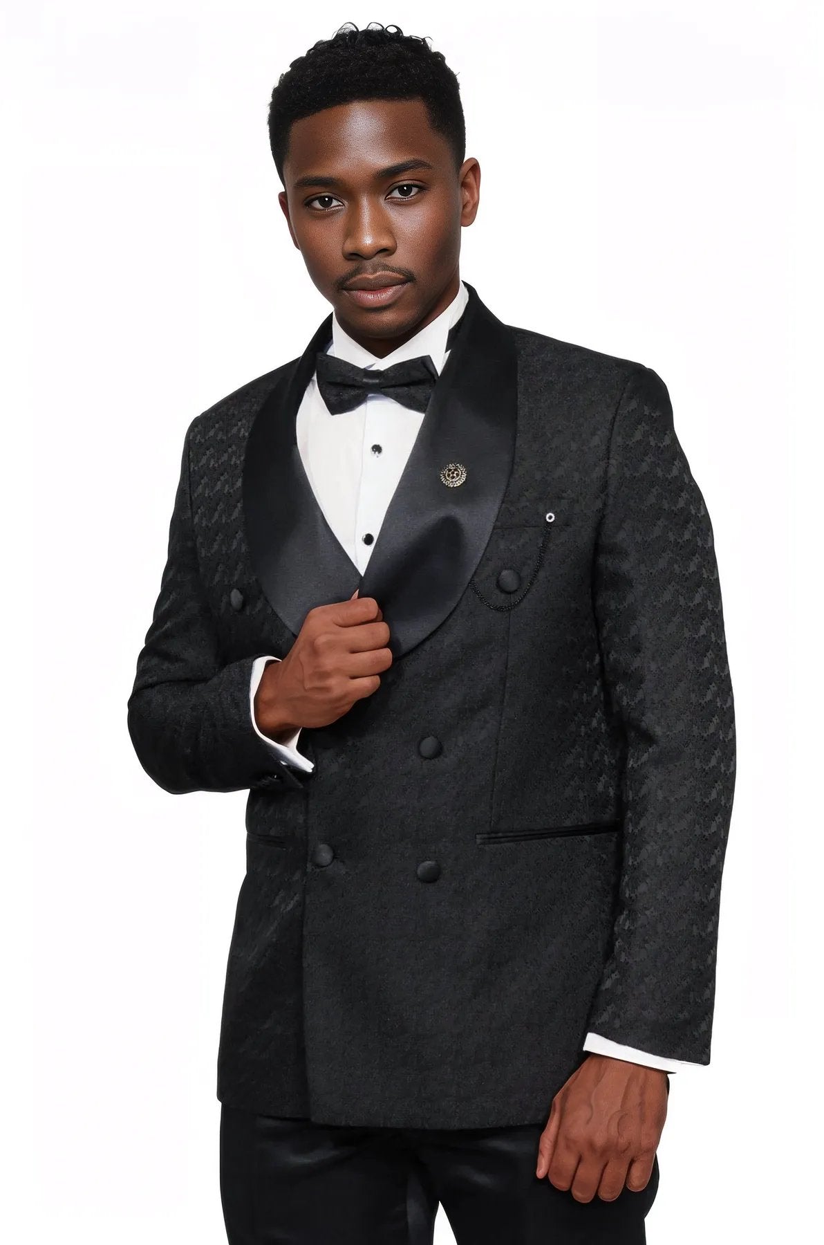 Satin Shawl Collar Patterned Double Breasted Black Men Tuxedo Suit W Wessi