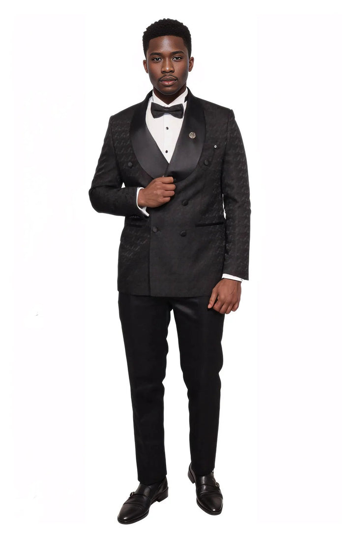 Satin Shawl Collar Patterned Double Breasted Black Men Tuxedo Suit - Wessi