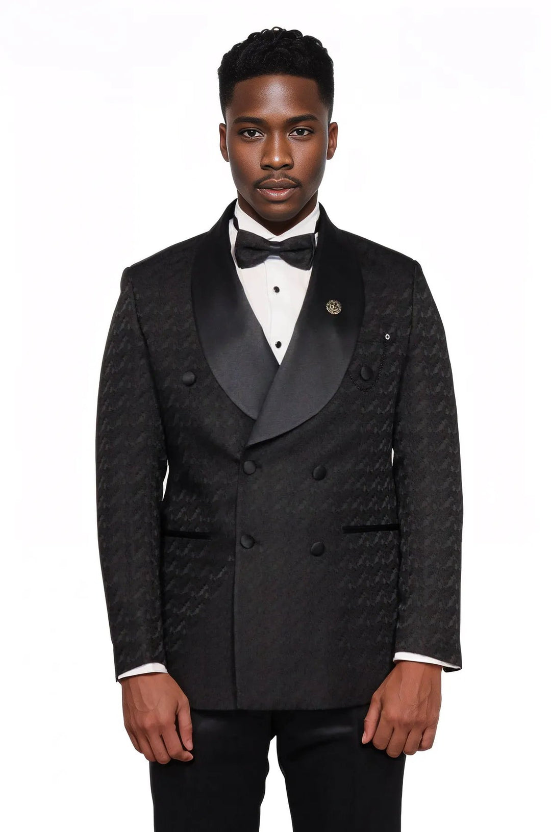 Satin Shawl Collar Patterned Double Breasted Black Men Tuxedo Suit - Wessi