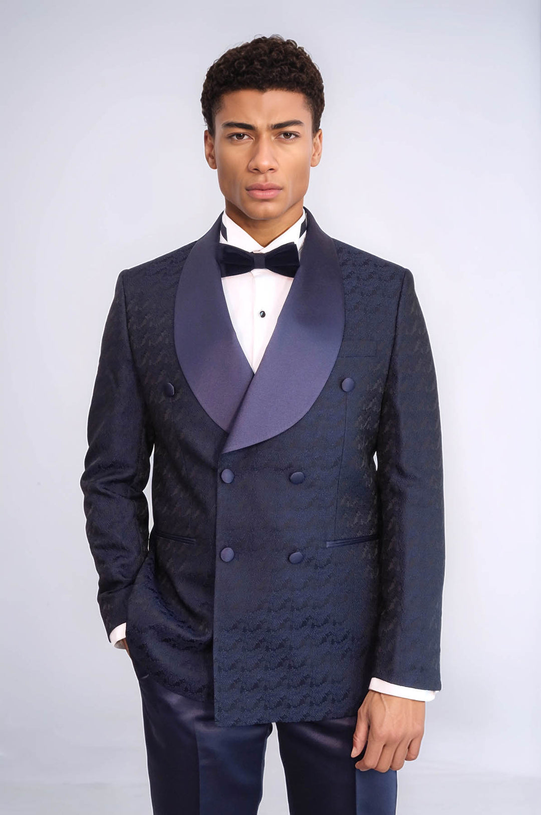 Satin Shawl Collar Patterned Double Breasted Navy Blue Men Tuxedo Suit - Wessi