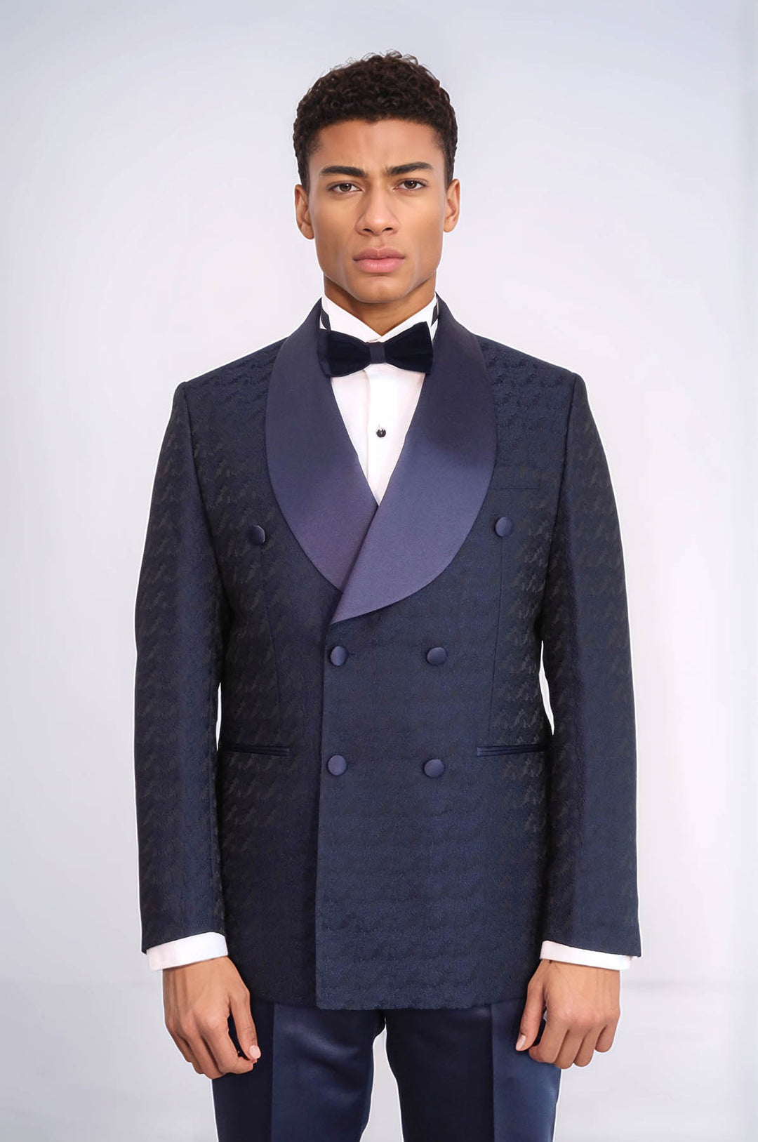 Satin Shawl Collar Patterned Double Breasted Navy Blue Men Tuxedo Suit - Wessi