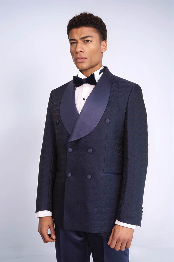 Satin Shawl Collar Patterned Double Breasted Navy Blue Men Tuxedo Suit - Wessi